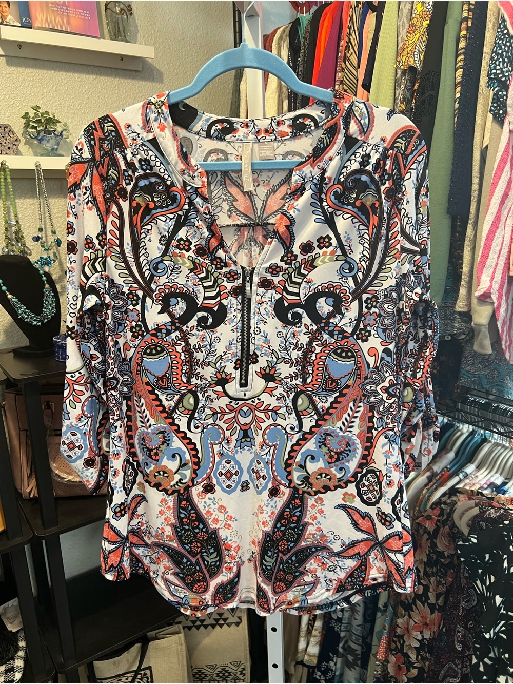 By Design Paisley Blouse in White with Coral & Blue